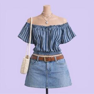 Becool Blue White Striped Off Shoulder Crop Top Flutter Sleeve L Cottagecore